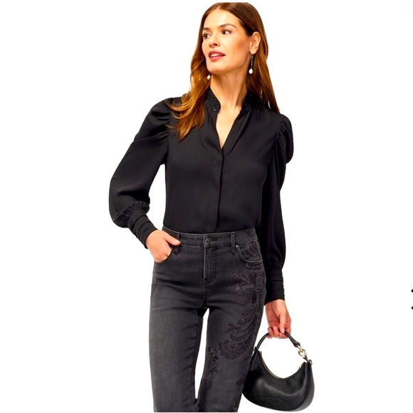 Chico’s Black Label Hand Sewn Sparkle Detail Bead Black Collar Dress Blo… - Picture 2 of 6